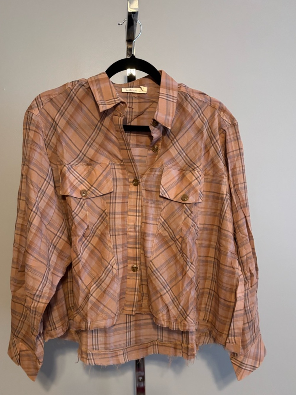 Millibon Lightweight Blouse Button Front Brown Plaid Size Small 100% Cotton